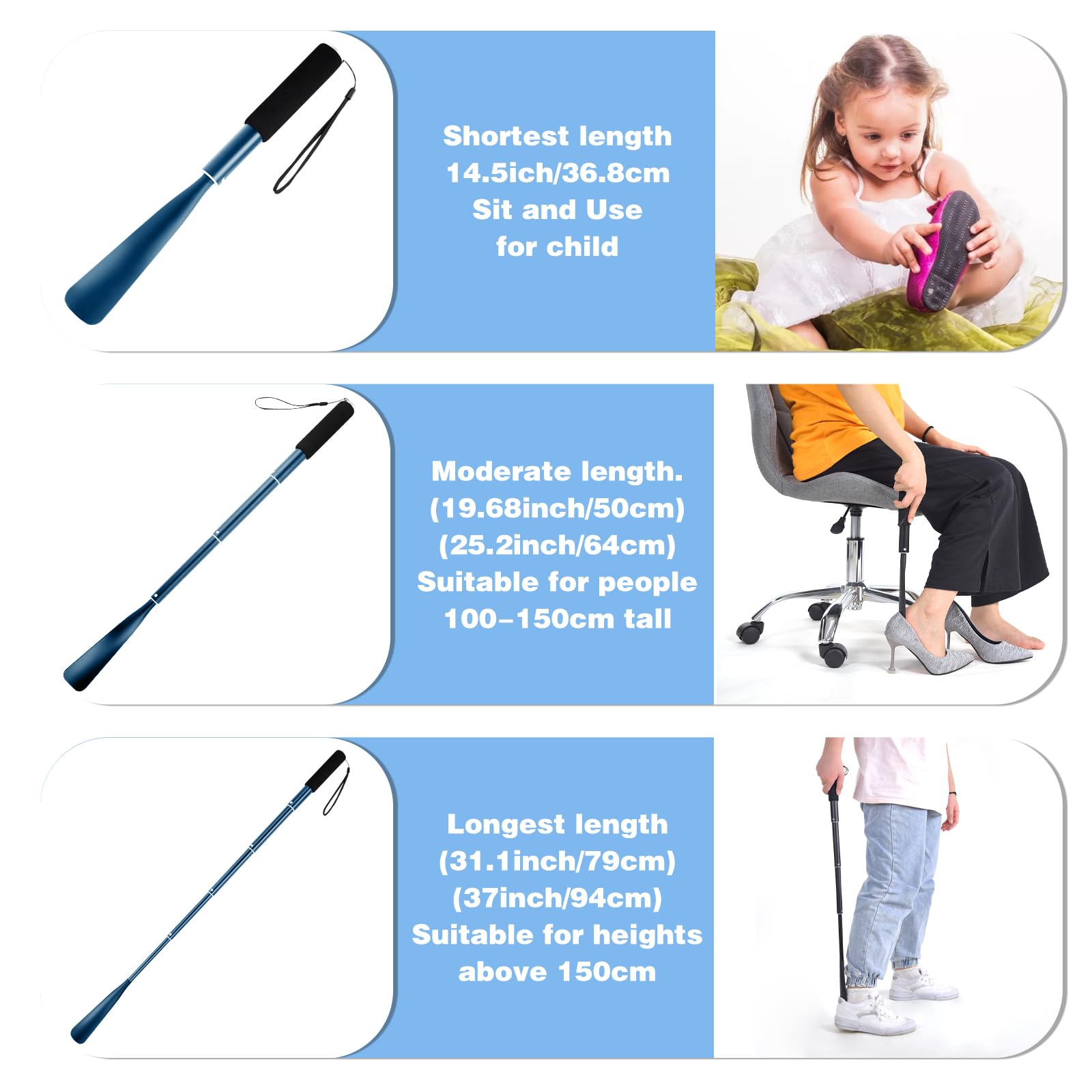 JJDPARTS Shoe Horn Long Handle,14.5"-37" Retractable Shoe Horn,Aluminum Shoe Horn For Men Women Kids Seniors