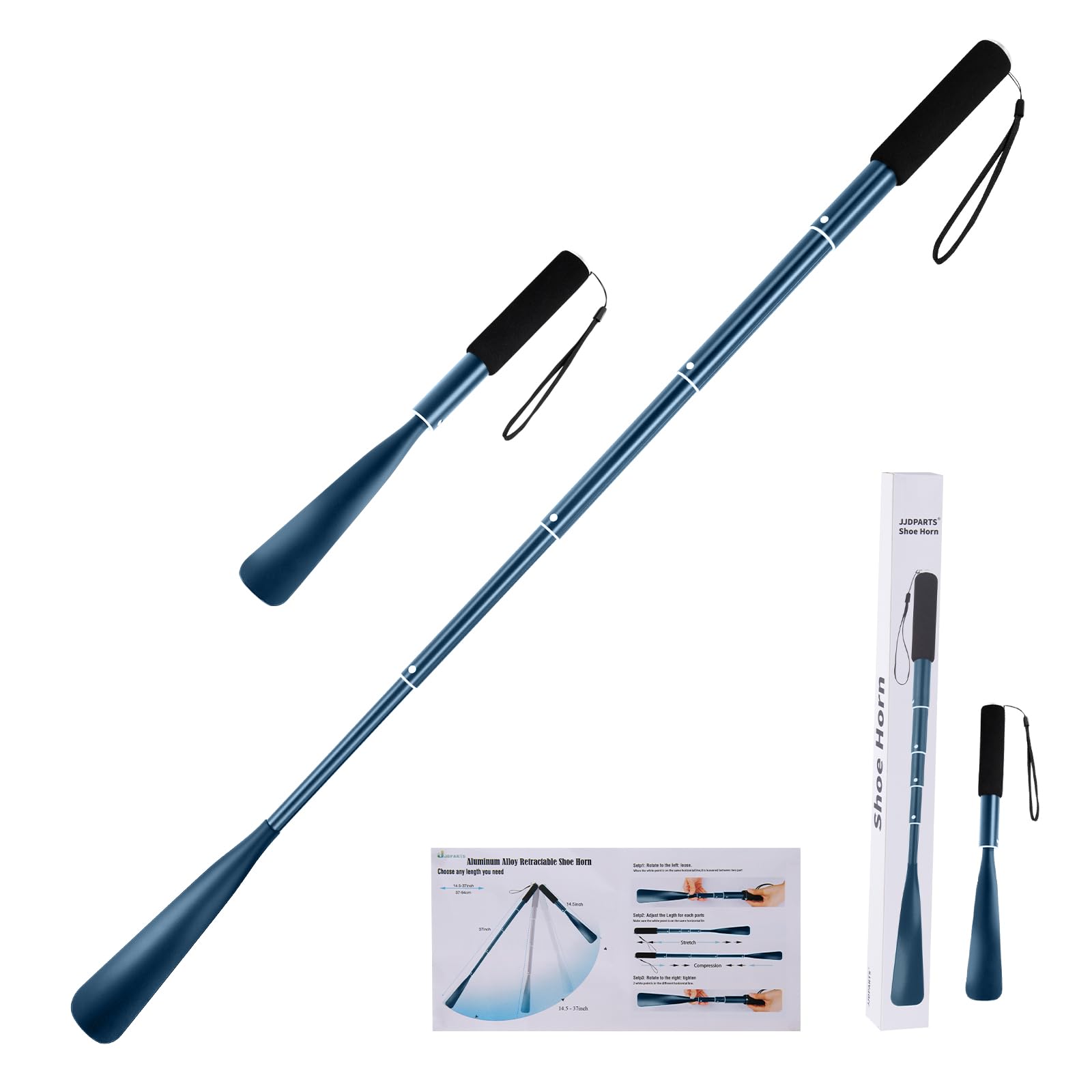 JJDPARTS Shoe Horn Long Handle,14.5"-37" Retractable Shoe Horn,Aluminum Shoe Horn For Men Women Kids Seniors