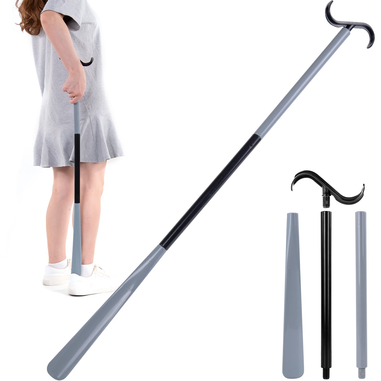 35" Long Dressing Stick with Shoe Horn with Sock Removal Tool, Adjustable Extended Dressing Aids for Shoes, Socks, Shirts and Pants Grey and Black
